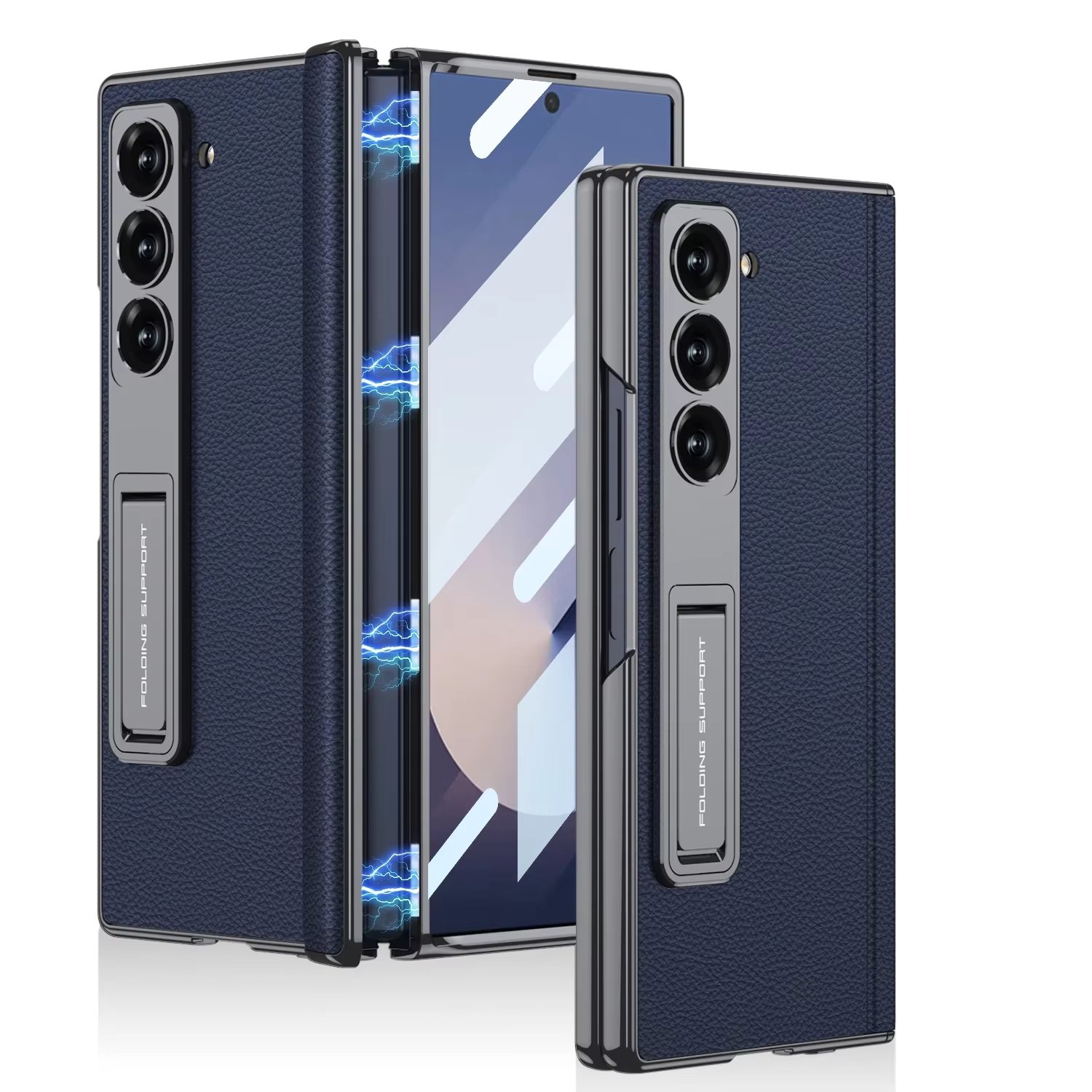 LLuxury Electroplated Matte Leather Bracket Magnetic Folding Hinge Case for Samsung Galaxy Z Fold 6 with Tempered Film Hard Cover