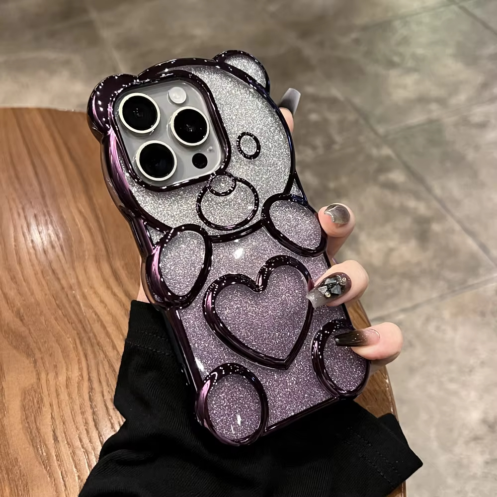 Luxury 3D Love Heart Bear Transparent Glitter Gradient Case For iPhone Series