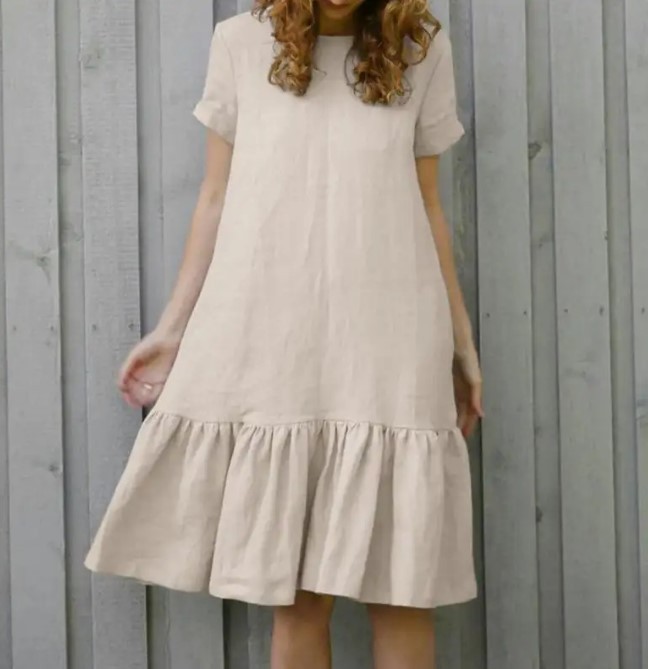 2024 Ladies Loose Slim Short Sleeve Round Neck Cotton and Linen Shirt Dress