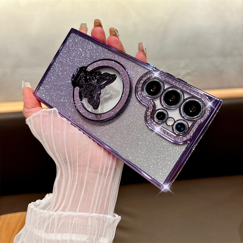 Glitter Diamond Butterfly Bracket Magnetic Case for Samsung Galaxy S24 Ultra S23 S22 Plus A55 A15 A35 A54 A53