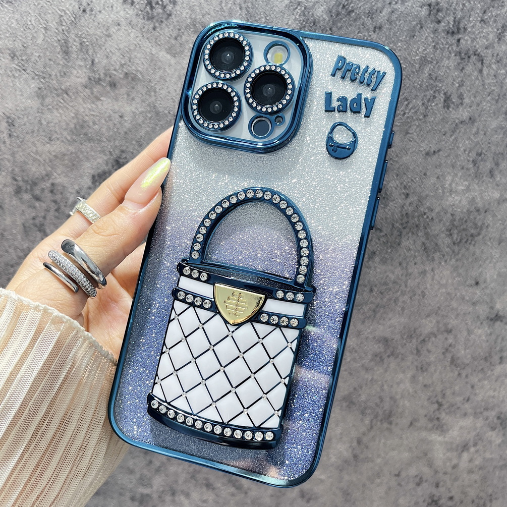 Electroplated Rhinestone Glitter Bag Holder Mirror Case for iPhone 16 15 14 13 12 11 Series