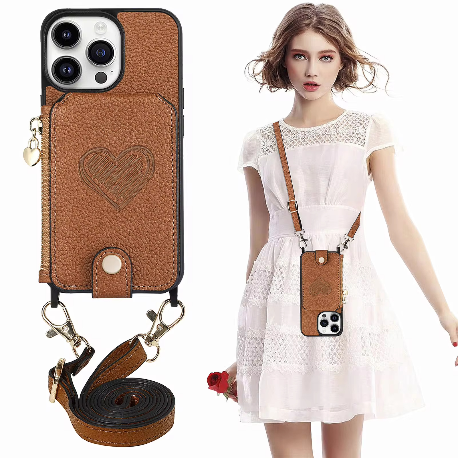 Magnetic Crossbody Leather Zipper Wallet Card Phone Case for iPhone 15 Series