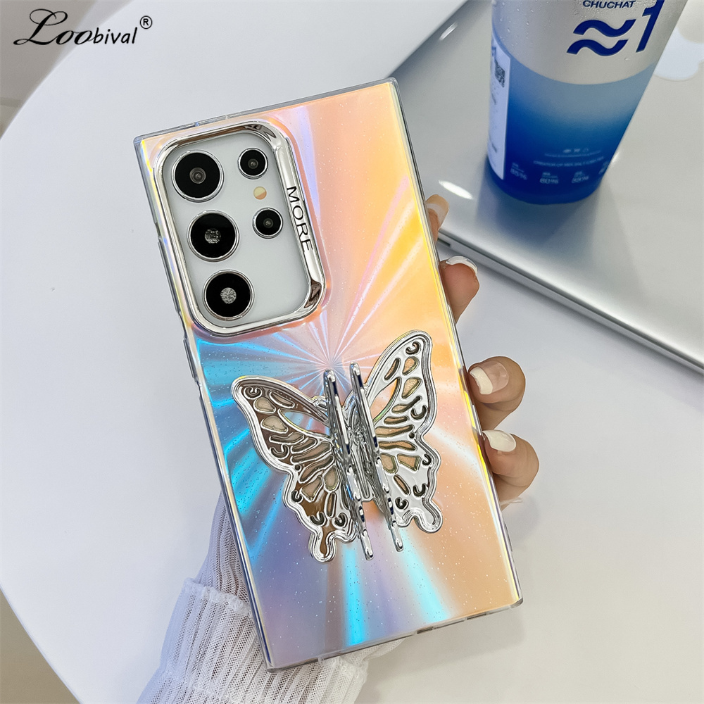 Aurora Gradient Butterfly Bracket Case for Samsung Galaxy S24 Ultra Plus