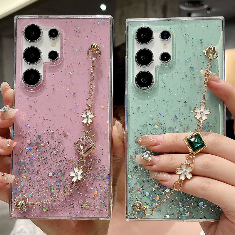 Luxury Glitter Gem Bracelet Flower Phone Cases For Samsung Galaxy S24 Plus Ultra
