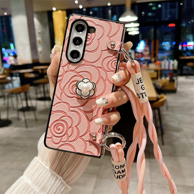 Camellia Flower Crossbody Leather Phone Case for Samsung Galaxy Z Fold 6 5 4 3