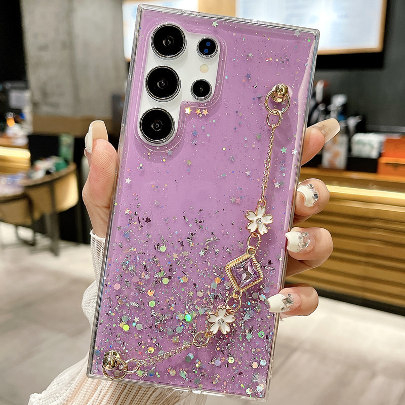 Luxury Glitter Gem Bracelet Flower Phone Cases For Samsung Galaxy S24 Plus Ultra