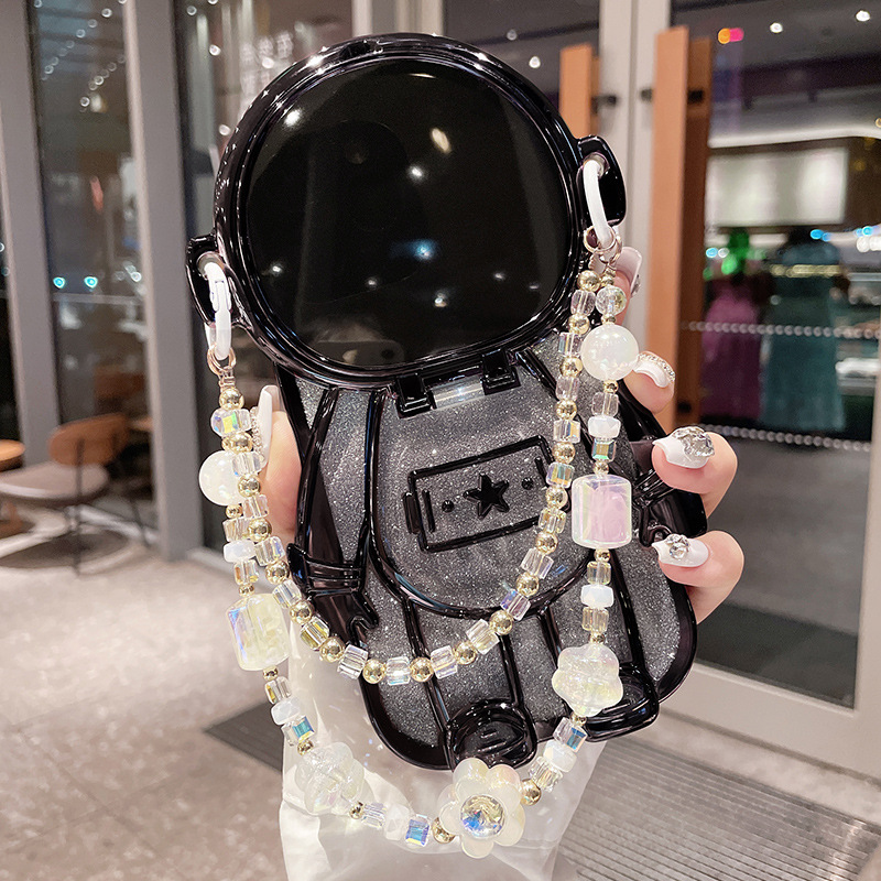 Luxury 3D Astronaut Lens Makeup Mirror Bracket Strap Phone Case For iPhone Series