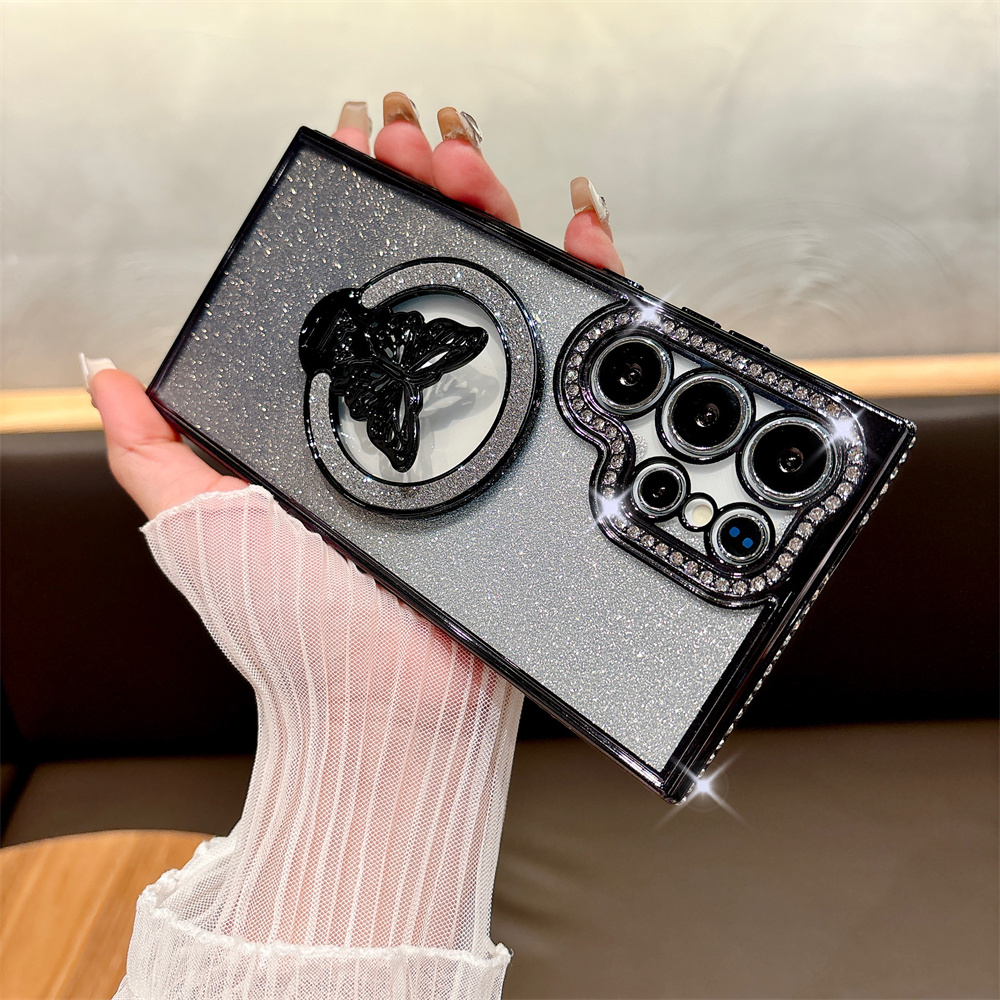 Glitter Diamond Butterfly Bracket Magnetic Case for Samsung Galaxy S24 Ultra S23 S22 Plus A55 A15 A35 A54 A53