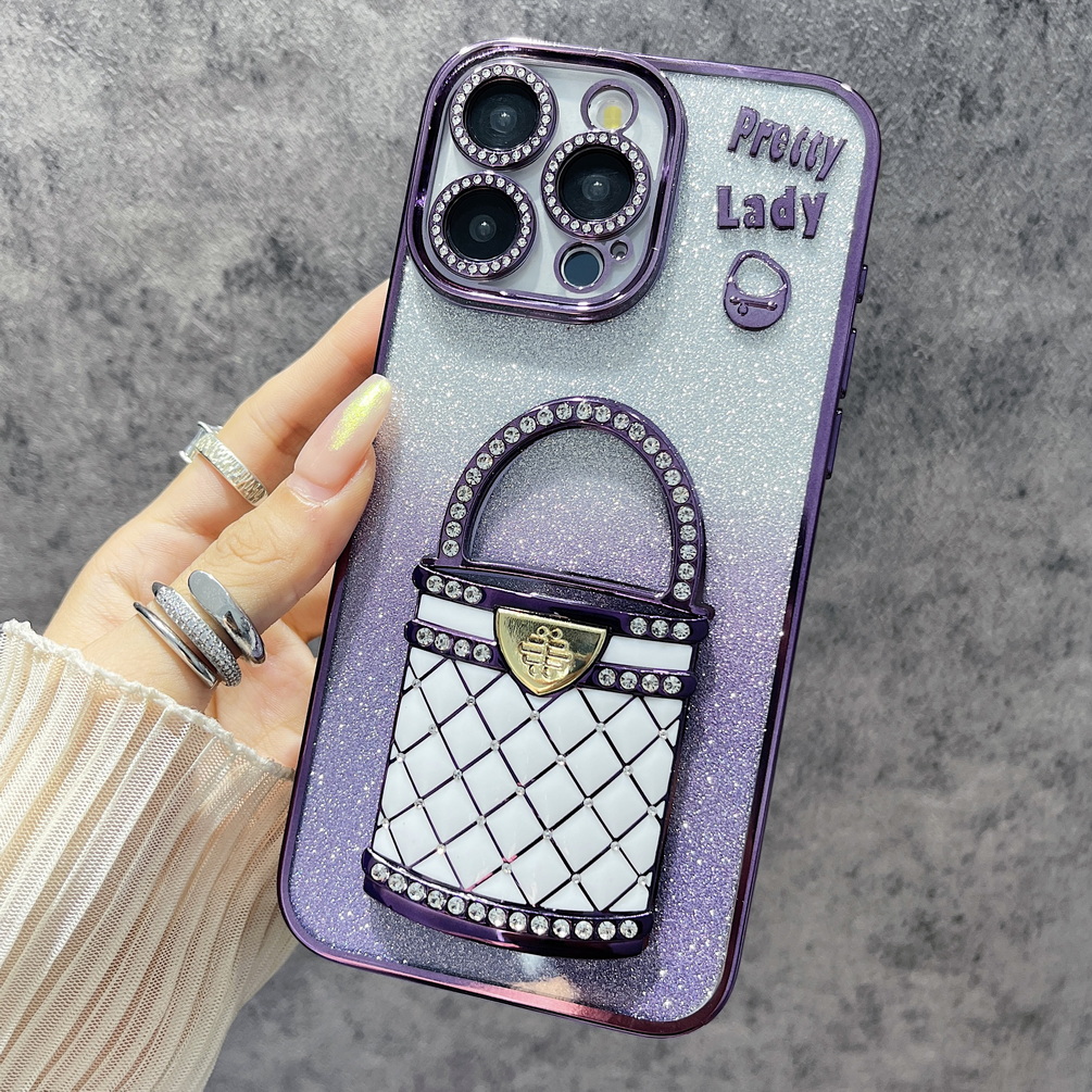 Electroplated Rhinestone Glitter Bag Holder Mirror Case for iPhone 16 15 14 13 12 11 Series