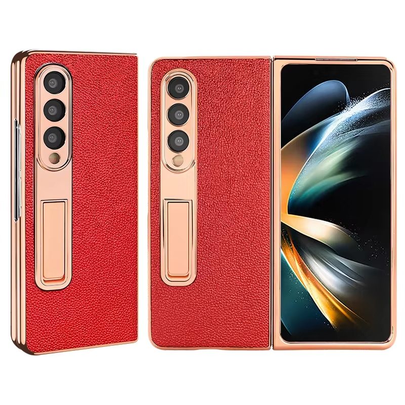 Luxury Leather Golden Plated Phone Case  With Hidden Bracket for Samsung Galaxy Z Fold 5/4/3