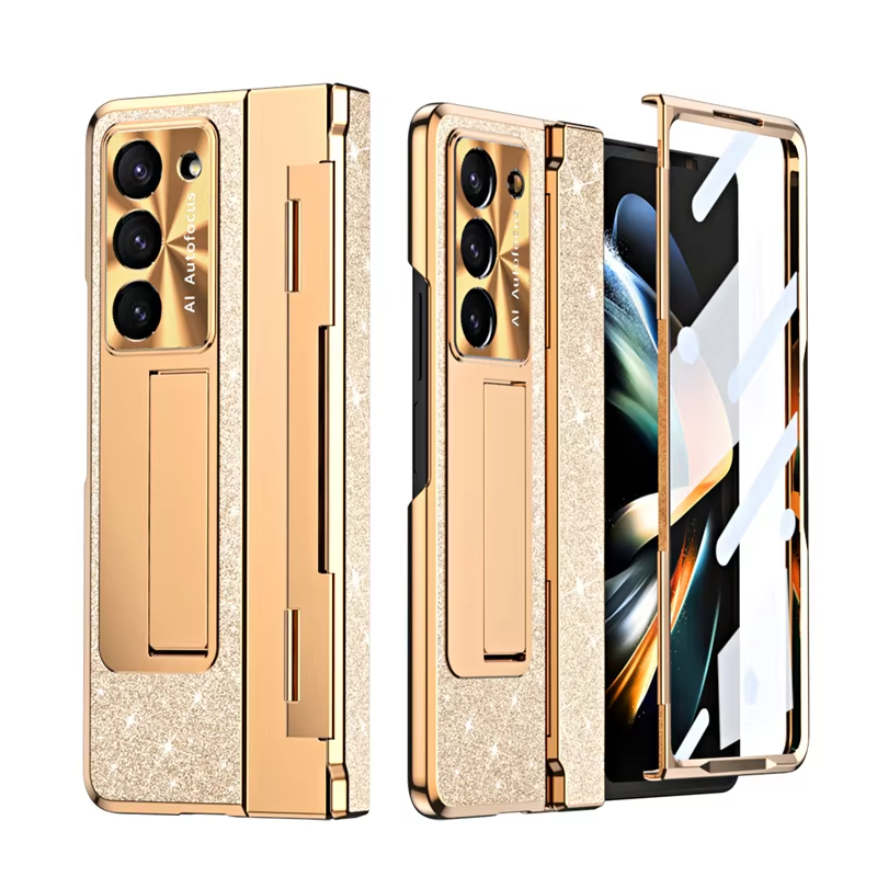 Leather Sparkle Magnetic Plating Hinge Phone Case With Screen Protector For Samsung Galaxy Z Fold 5/4/3