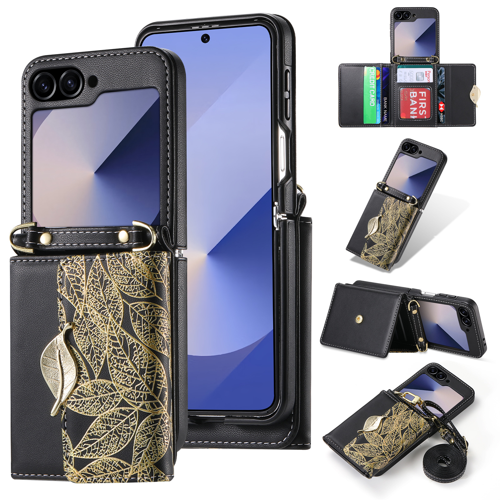 New Crossbody Luxury Leather Leaf Style Multi-card Holder Case For Samsung Galaxy Z Flip6