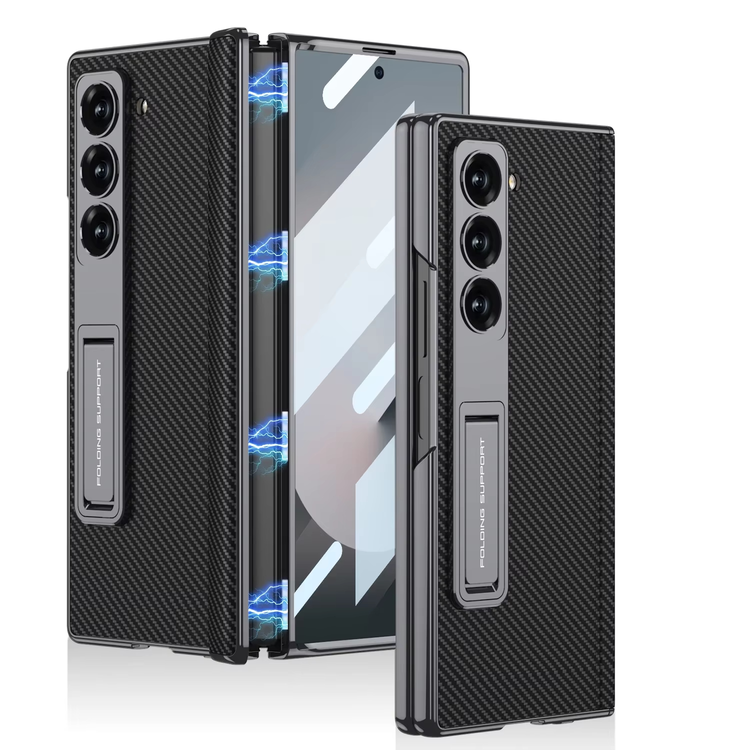 LLuxury Electroplated Matte Leather Bracket Magnetic Folding Hinge Case for Samsung Galaxy Z Fold 6 with Tempered Film Hard Cover