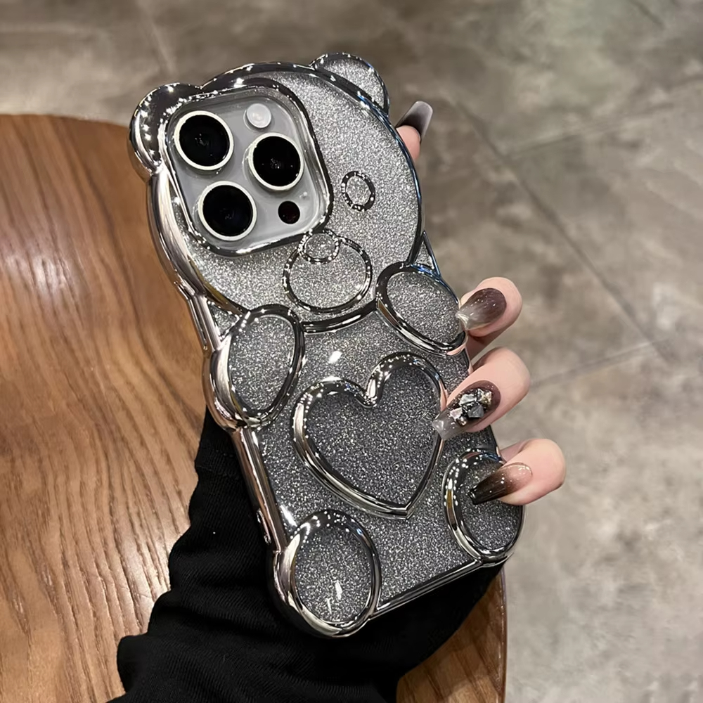 Luxury 3D Love Heart Bear Transparent Glitter Gradient Case For iPhone Series