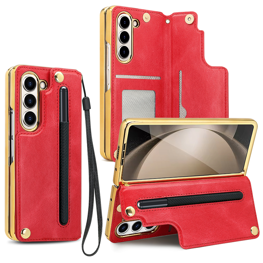 Retro Leather Card Wallet Phone Case for Samsung Galaxy Z Fold 6 5 4 With Screen Protector&Pen Slot&Hand Strap