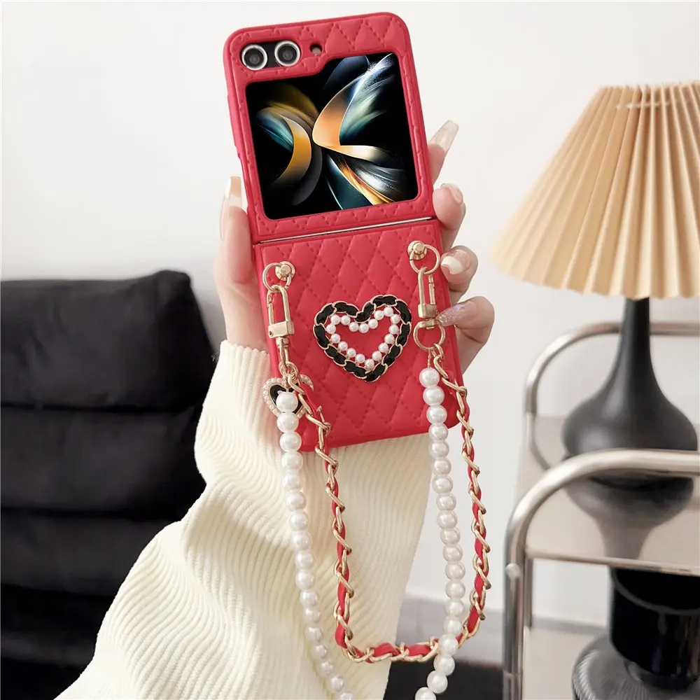 Fashion Rhombic Pearls Hand Strap Rope 3D Love Leather Case For Samsung Galaxy Z Flip 5 4 3