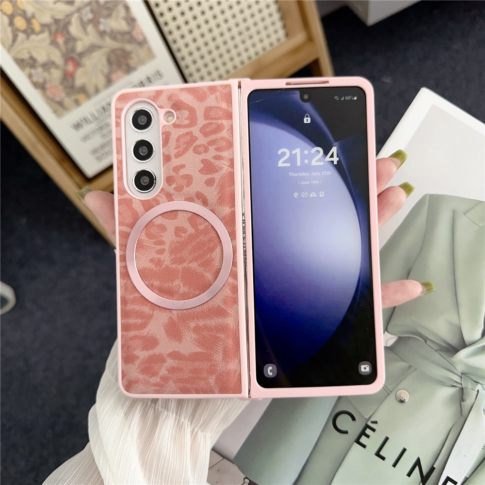 Luxury Leopard Print Magnetic Anti Slip Phone Case for Samsung Galaxy Z Fold 5 4 3 