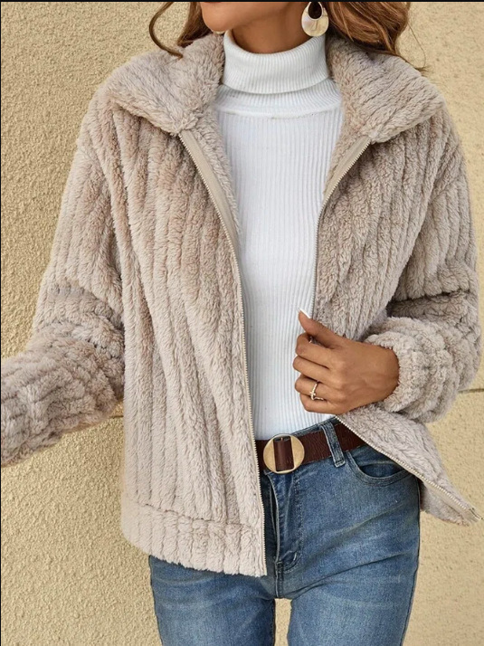 Short Jacket Lapel Zipper Warm Plush Fleece Casual Winter Coat