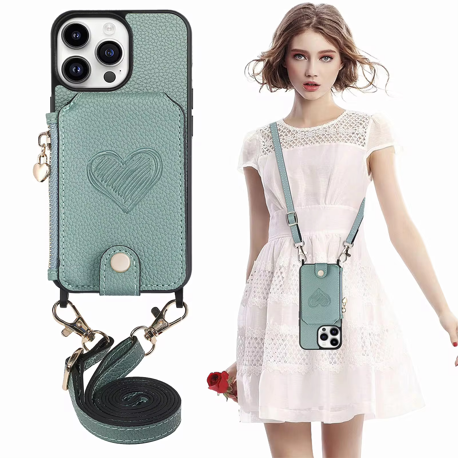 Magnetic Crossbody Leather Zipper Wallet Card Phone Case for iPhone 15 Series