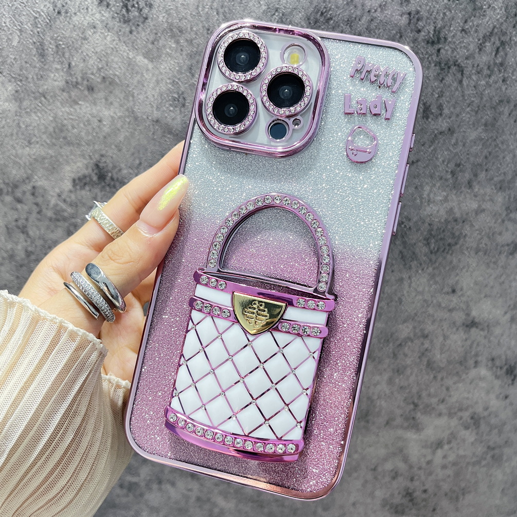 Electroplated Rhinestone Glitter Bag Holder Mirror Case for iPhone 16 15 14 13 12 11 Series