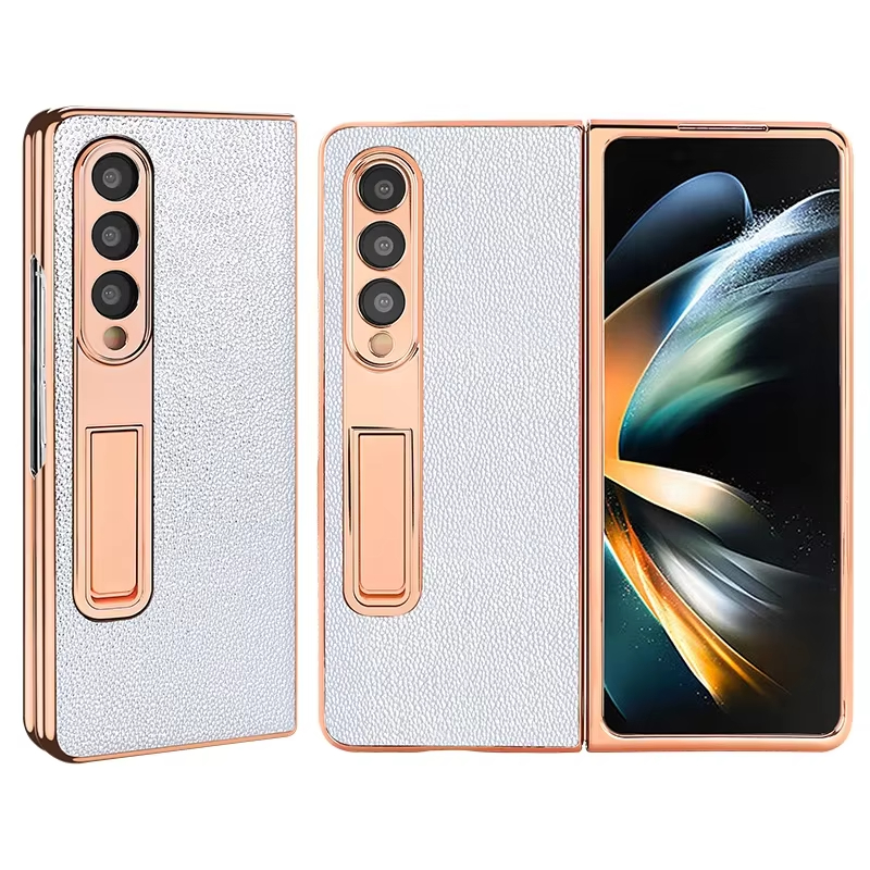 Luxury Leather Golden Plated Phone Case  With Hidden Bracket for Samsung Galaxy Z Fold 5/4/3