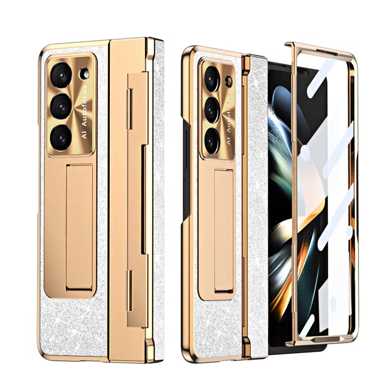 Leather Sparkle Magnetic Plating Hinge Phone Case With Screen Protector For Samsung Galaxy Z Fold 5/4/3