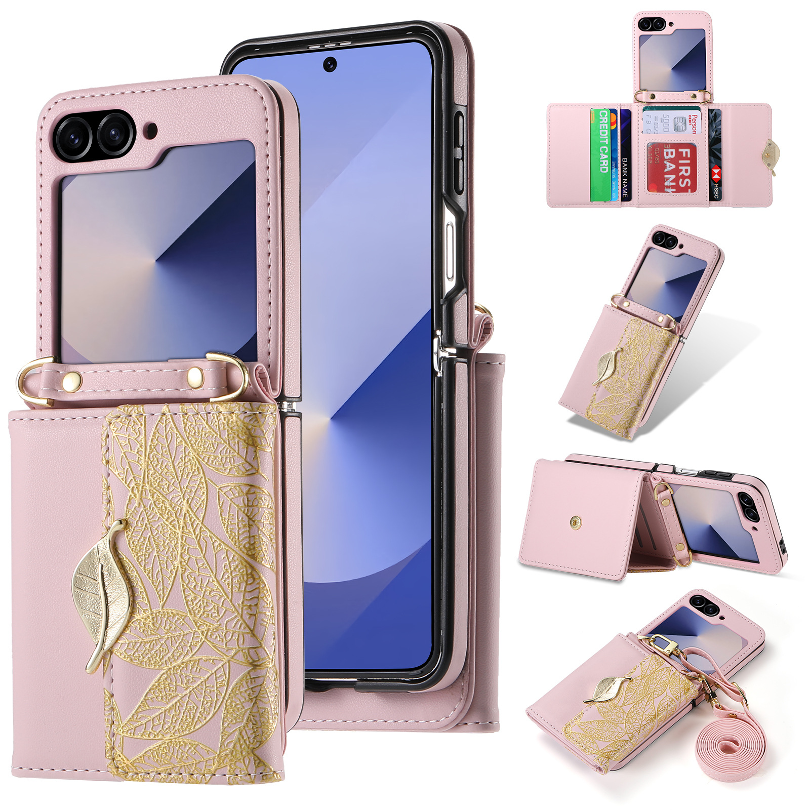 New Crossbody Luxury Leather Leaf Style Multi-card Holder Case For Samsung Galaxy Z Flip6