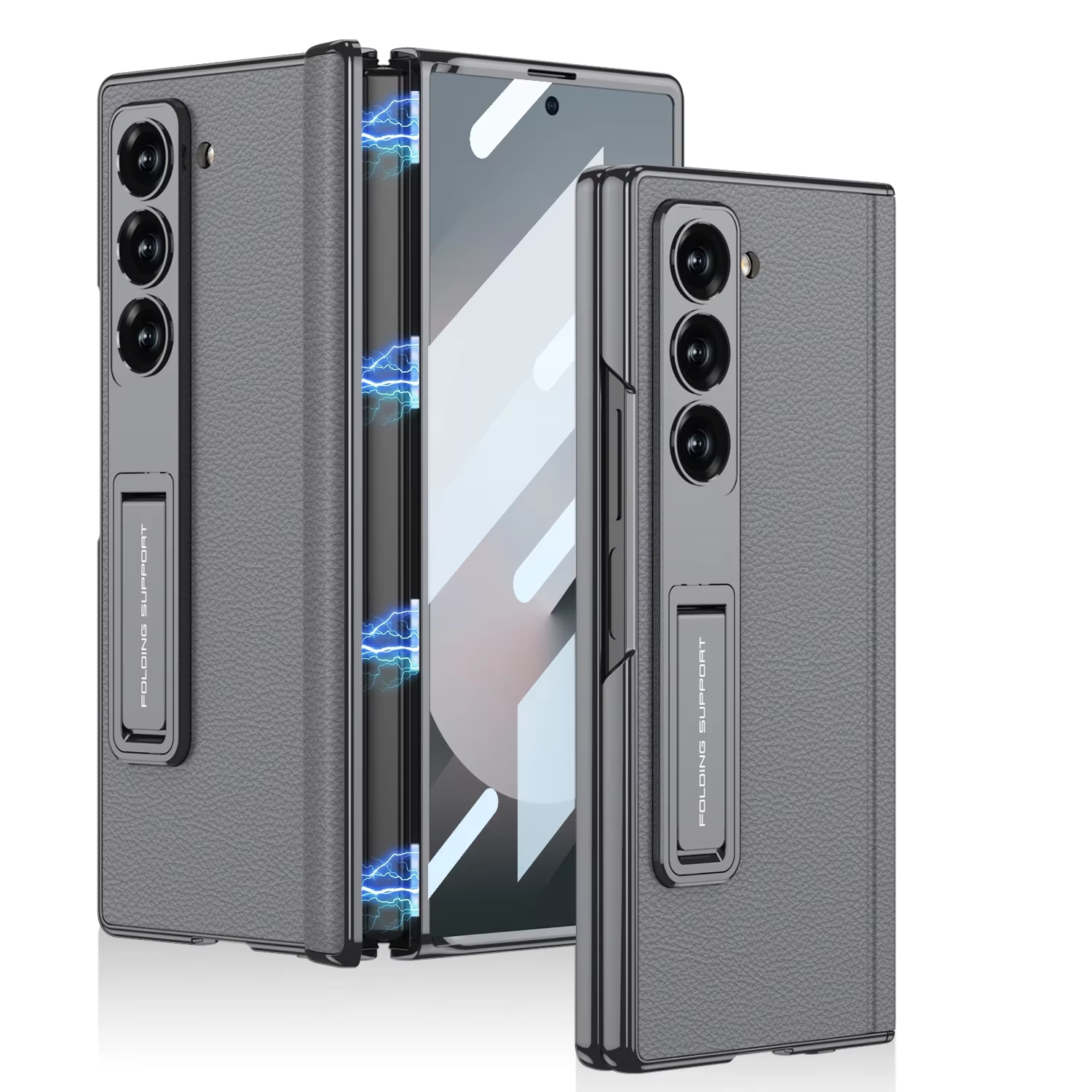 LLuxury Electroplated Matte Leather Bracket Magnetic Folding Hinge Case for Samsung Galaxy Z Fold 6 with Tempered Film Hard Cover