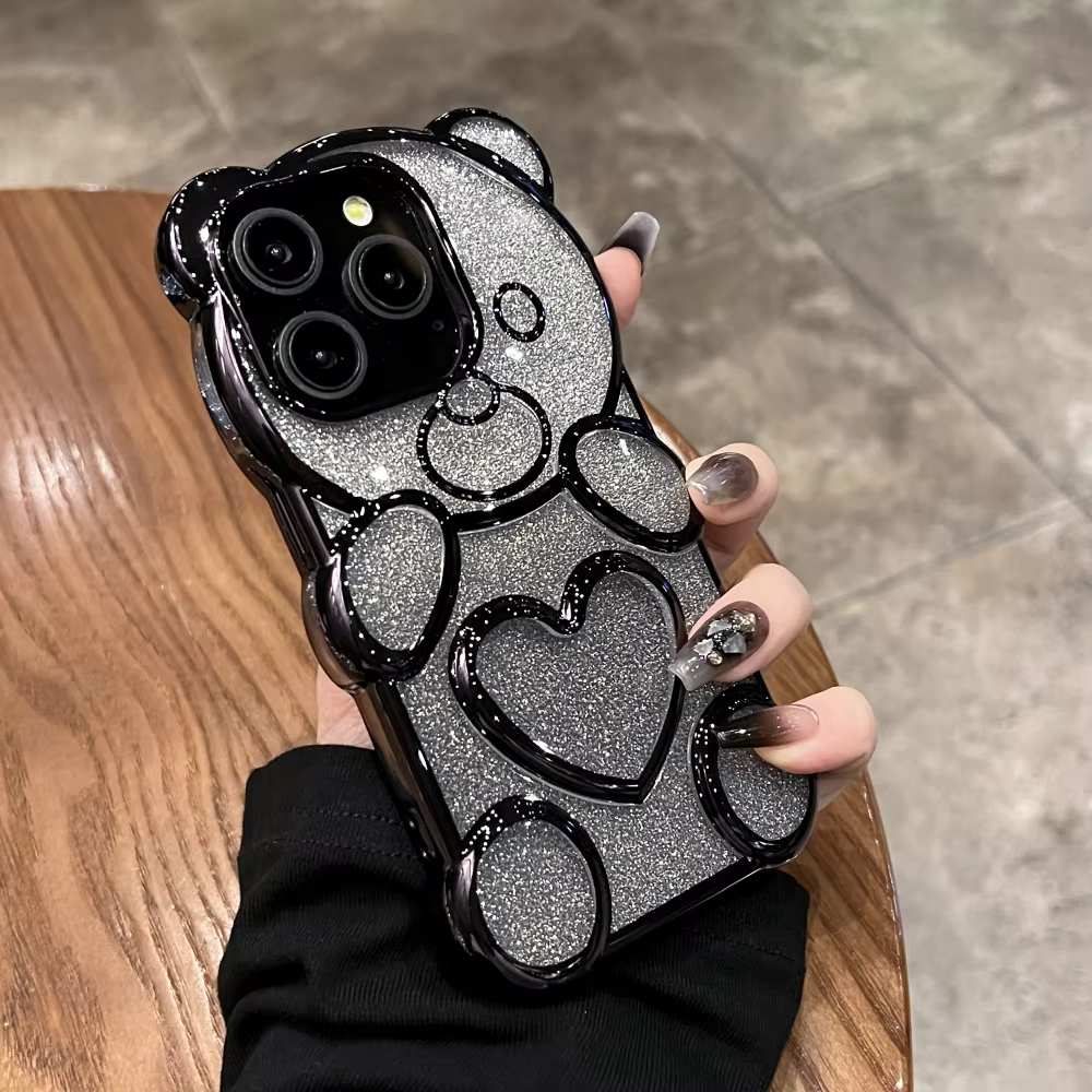 Luxury 3D Love Heart Bear Transparent Glitter Gradient Case For iPhone Series