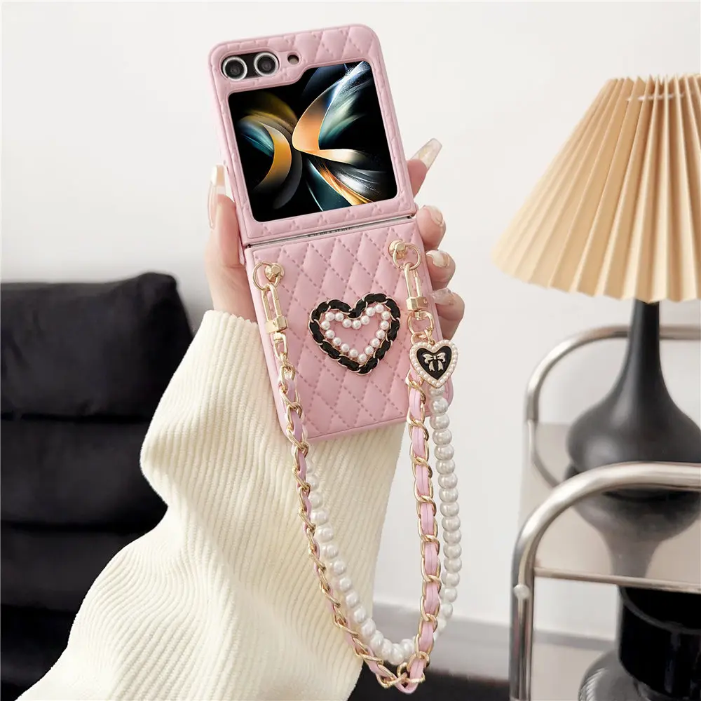 Fashion Rhombic Pearls Hand Strap Rope 3D Love Leather Case For Samsung Galaxy Z Flip 5 4 3