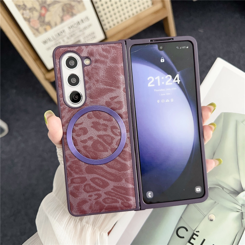 Luxury Leopard Print Magnetic Anti Slip Phone Case for Samsung Galaxy Z Fold 5 4 3 