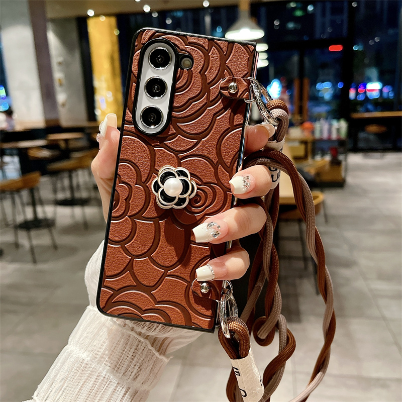 Camellia Flower Crossbody Leather Phone Case for Samsung Galaxy Z Fold 6 5 4 3