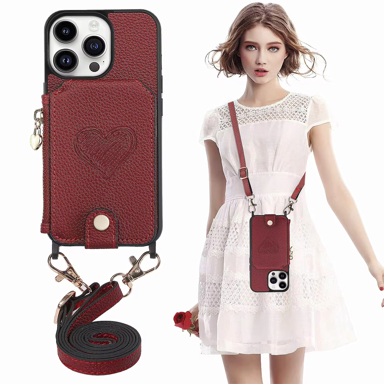 Magnetic Crossbody Leather Zipper Wallet Card Phone Case for iPhone 15 Series