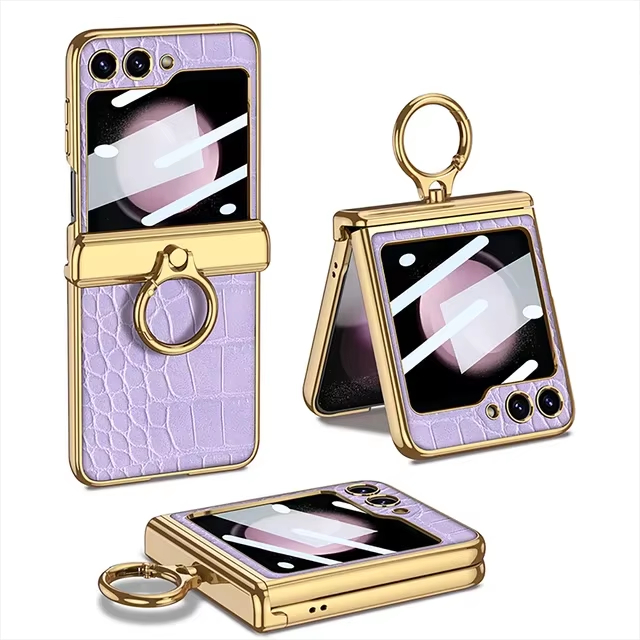Electroplating Crocodile Skin PU Leather Ring Phone Case for Samsung Galaxy Z Flip 5 
