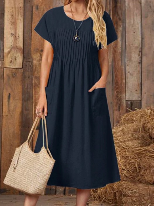 2024 spring and summer women's long skirt new round neck pocket pleated short-sleeved cotton and linen dress
