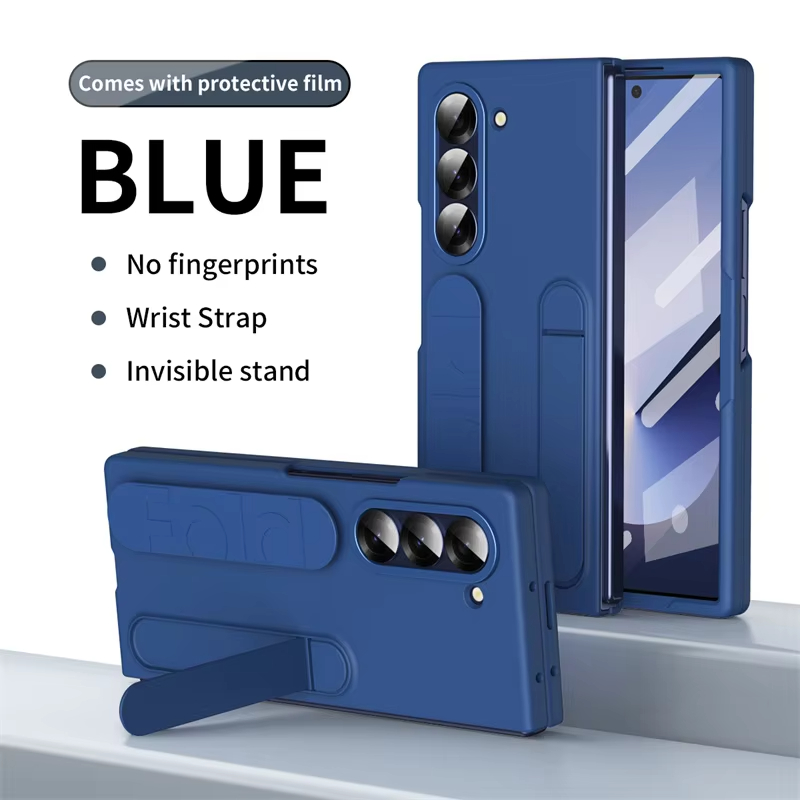Skin Friendly Matte Silicone Wristband Bracket Case with Tempered Glass for Samsung Galaxy Z Fold 6 5 4 3 