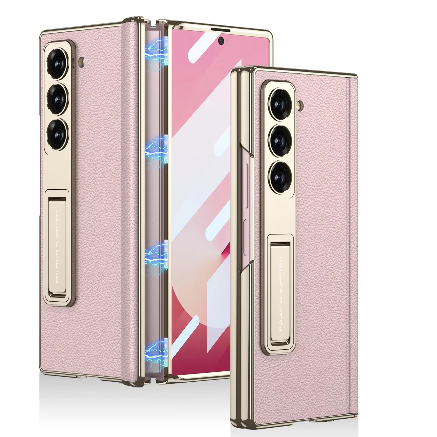 LLuxury Electroplated Matte Leather Bracket Magnetic Folding Hinge Case for Samsung Galaxy Z Fold 6 with Tempered Film Hard Cover