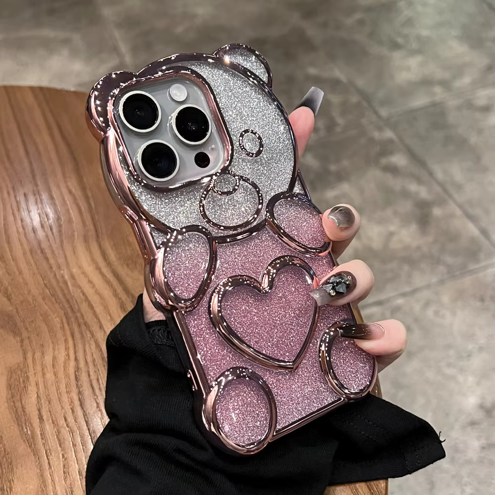Luxury 3D Love Heart Bear Transparent Glitter Gradient Case For iPhone Series