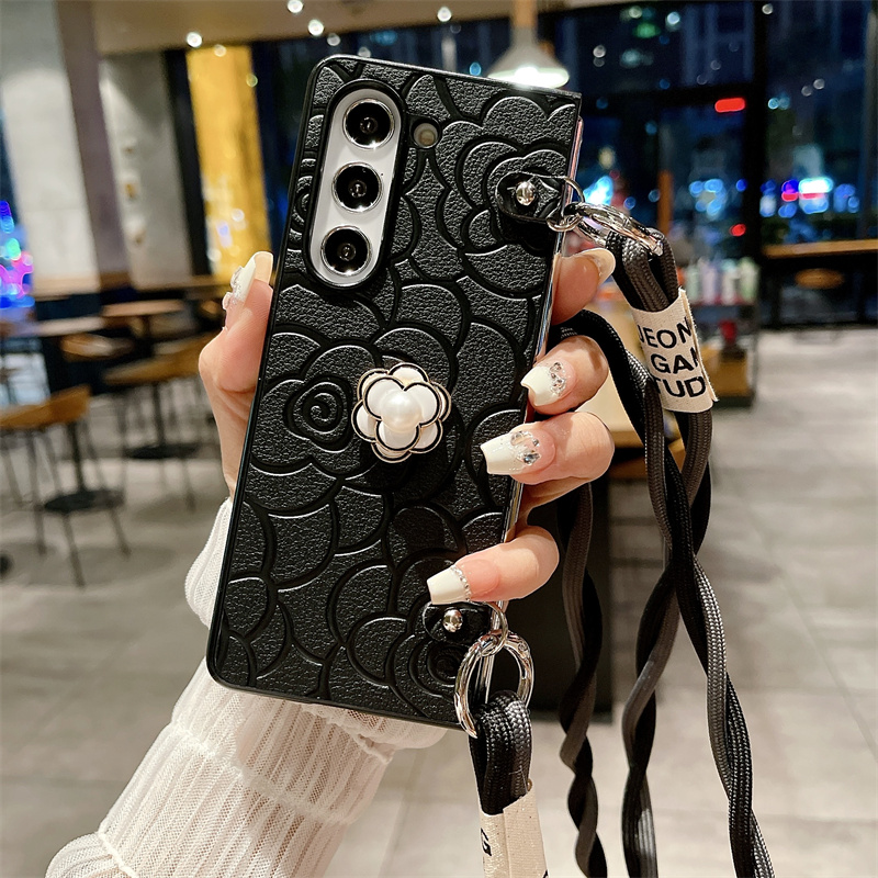 Camellia Flower Crossbody Leather Phone Case for Samsung Galaxy Z Fold 6 5 4 3