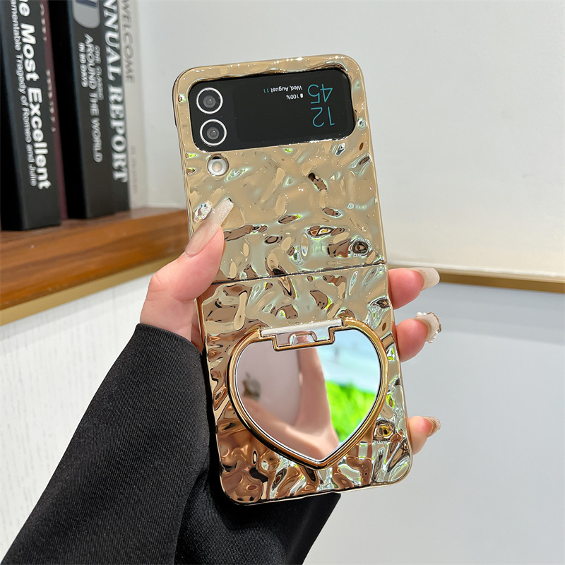 Love Mirror Bracket Plating Wrinkle Case For Samsung Galaxy Z Flip 6/ 5/4 /3 