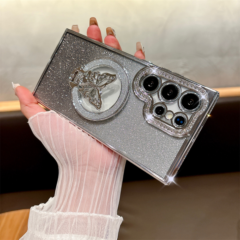 Glitter Diamond Butterfly Bracket Magnetic Case for Samsung Galaxy S24 Ultra S23 S22 Plus A55 A15 A35 A54 A53