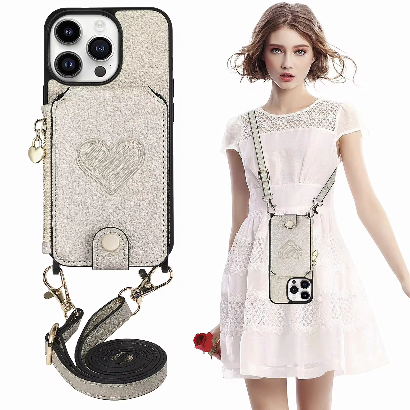 Magnetic Crossbody Leather Zipper Wallet Card Phone Case for iPhone 15 Series