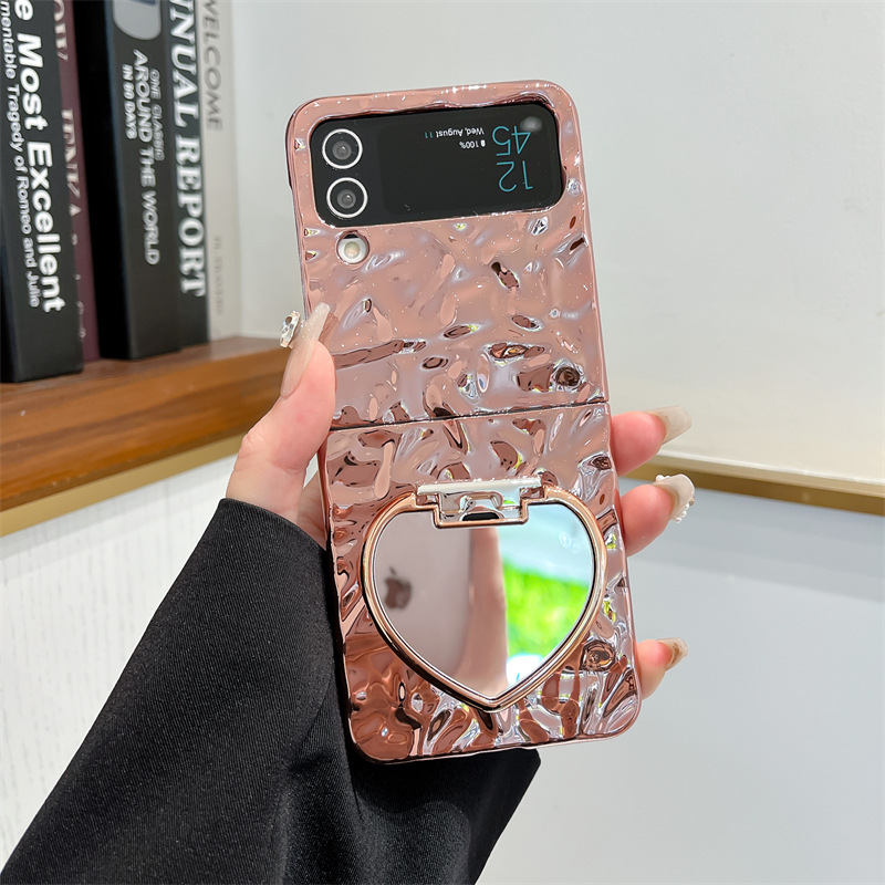 Love Mirror Bracket Plating Wrinkle Case For Samsung Galaxy Z Flip 6/ 5/4 /3 
