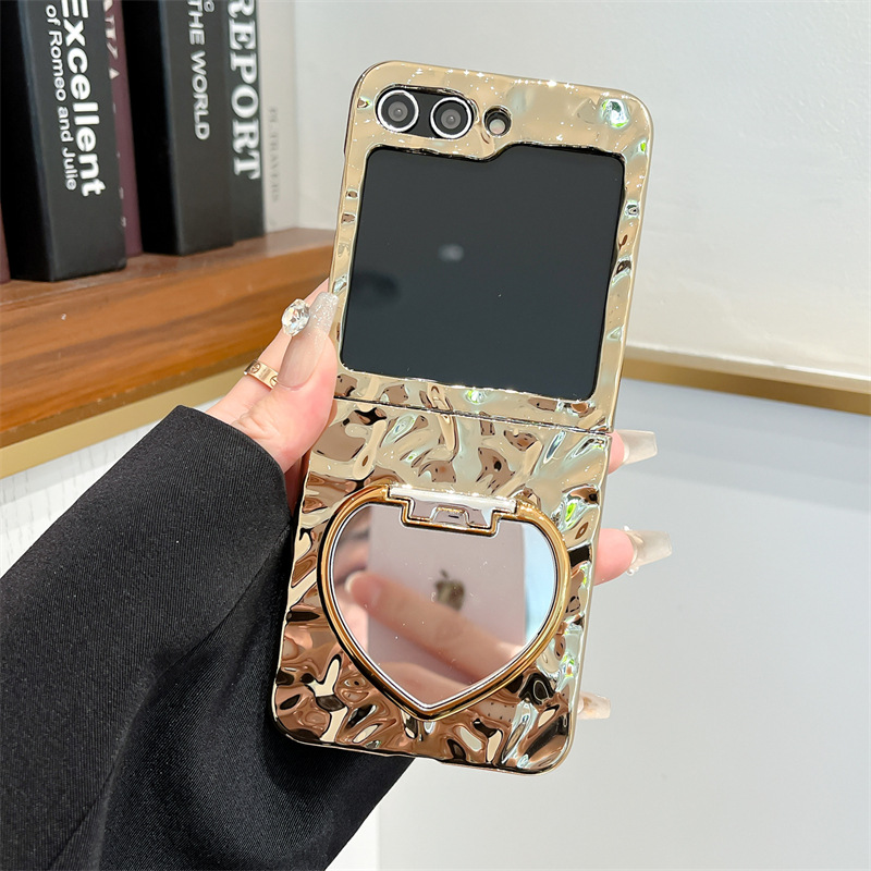 Love Mirror Bracket Plating Wrinkle Case For Samsung Galaxy Z Flip 6/ 5/4 /3 