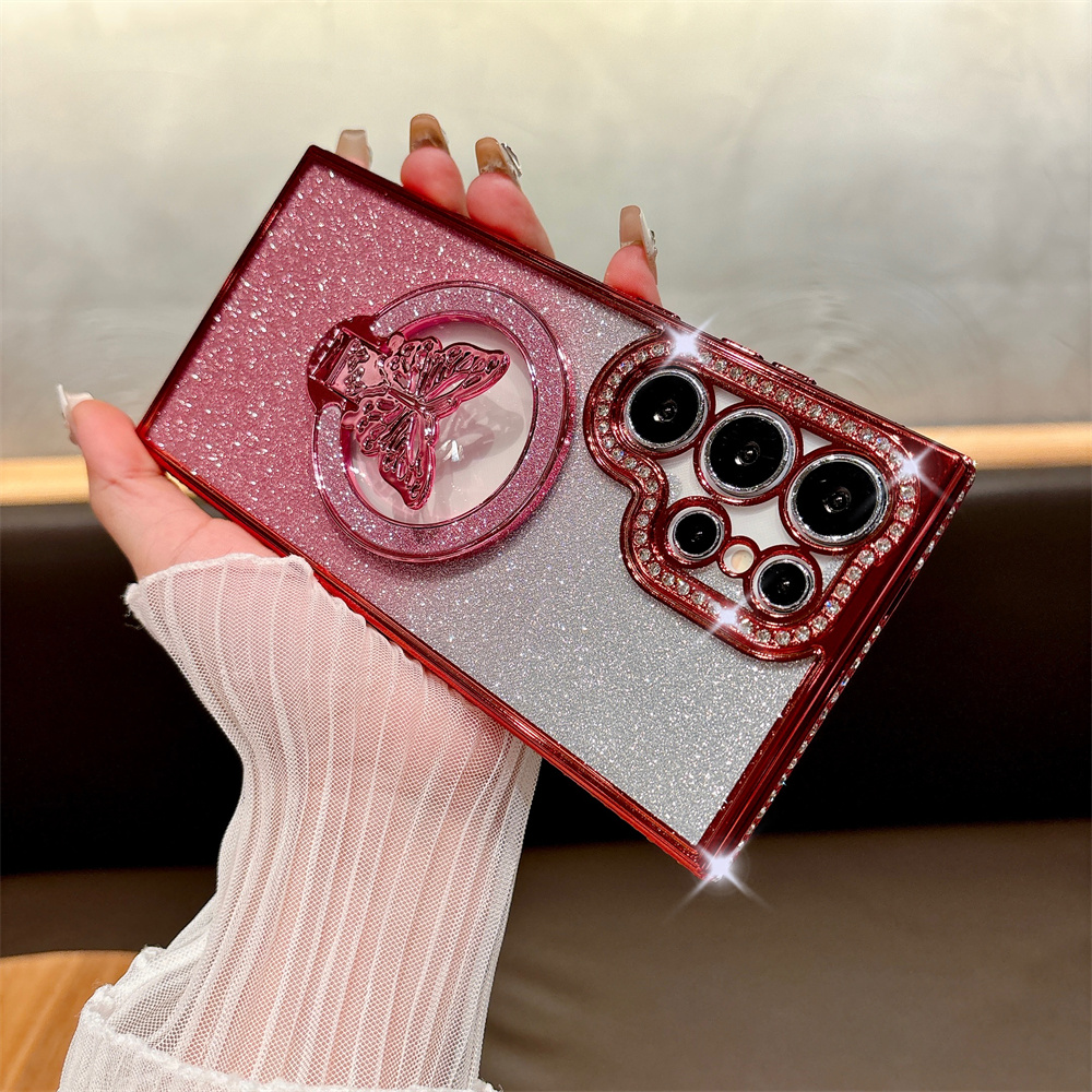 Glitter Diamond Butterfly Bracket Magnetic Case for Samsung Galaxy S24 Ultra S23 S22 Plus A55 A15 A35 A54 A53