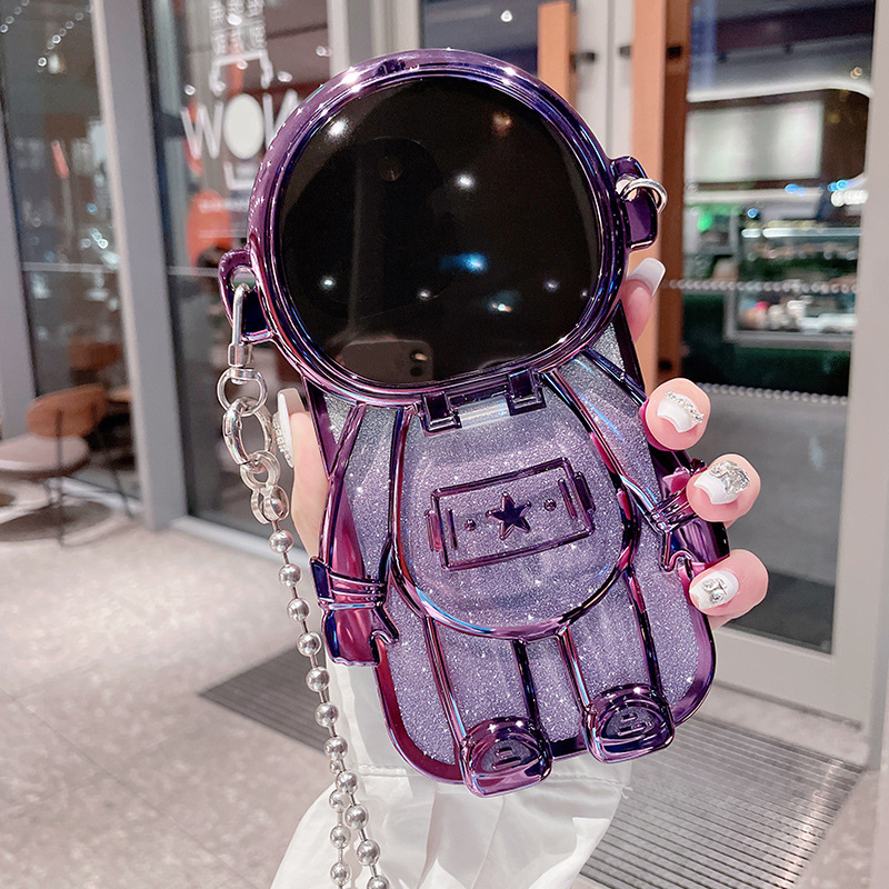Luxury 3D Astronaut Lens Makeup Mirror Bracket Strap Phone Case For iPhone Series