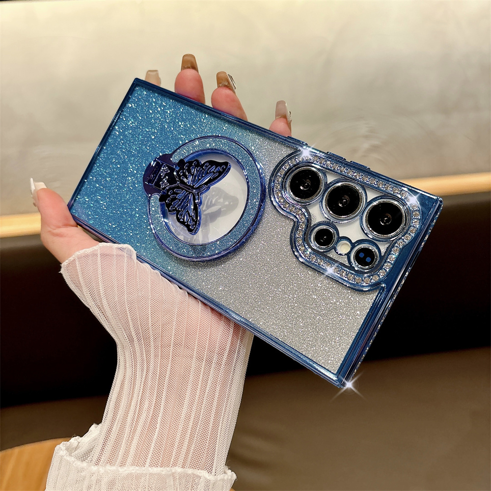Glitter Diamond Butterfly Bracket Magnetic Case for Samsung Galaxy S24 Ultra S23 S22 Plus A55 A15 A35 A54 A53