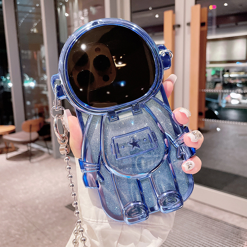 Luxury 3D Astronaut Lens Makeup Mirror Bracket Strap Phone Case For iPhone Series