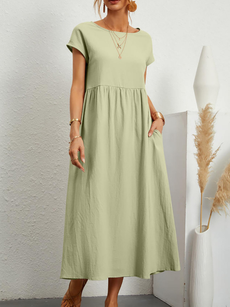 2024 Women's Solid Color Sleeveless Loose Cotton and Linen Pocket Dress