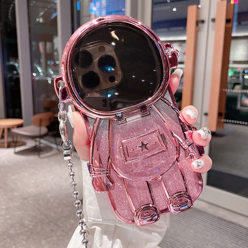 Luxury 3D Astronaut Lens Makeup Mirror Bracket Strap Phone Case For iPhone Series